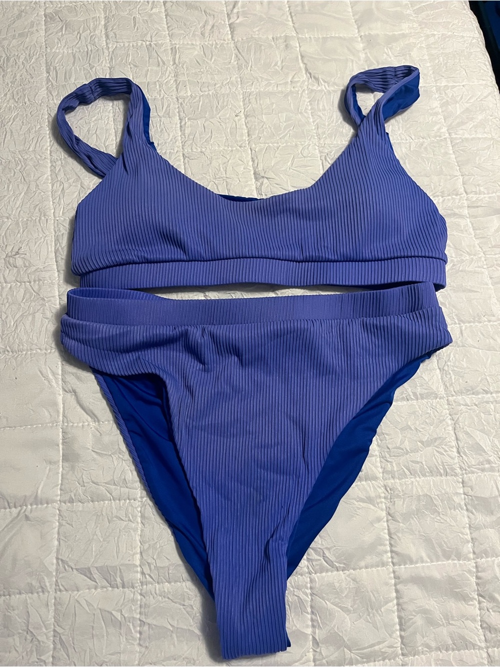 Ribbed Blue Women's Bikini Set - Scoop Top & High-Cut Bottom